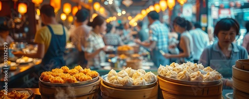 A bustling dim sum restaurant scene with servers carrying trays of Lian Rong Bao to eager diners among a lively crowd