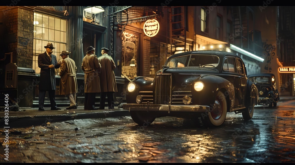 A cinematic portrait of a classic car parked outside an old speakeasy, with mafia members in trench coats casually conversing beside it
