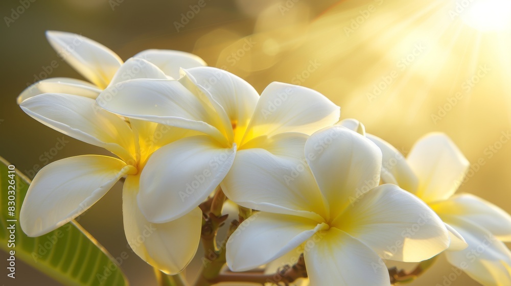 Obraz premium Sunlit white plumeria flowers in full bloom