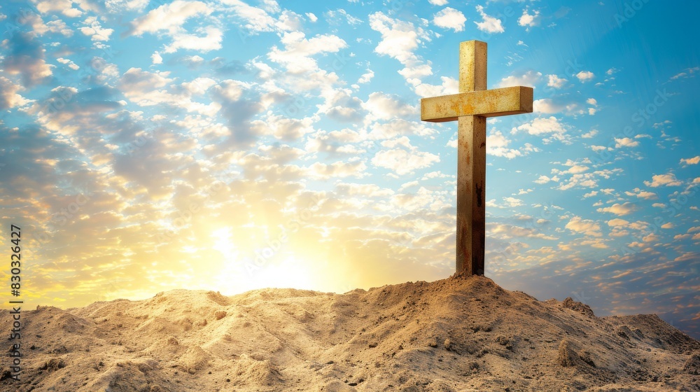 Golden cross on a sand hill under a cloudy sky at sunset Golden cross on a sand hill under a cloudy sky at sunset