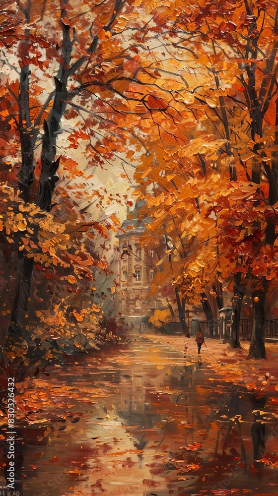 Obraz premium A classical realist painting of a quiet urban park in autumn, the leaves detailed in rich oranges and reds, and a distant figure walking a dog