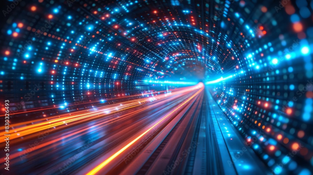 Futuristic tunnel with vibrant blue and red lighting effects