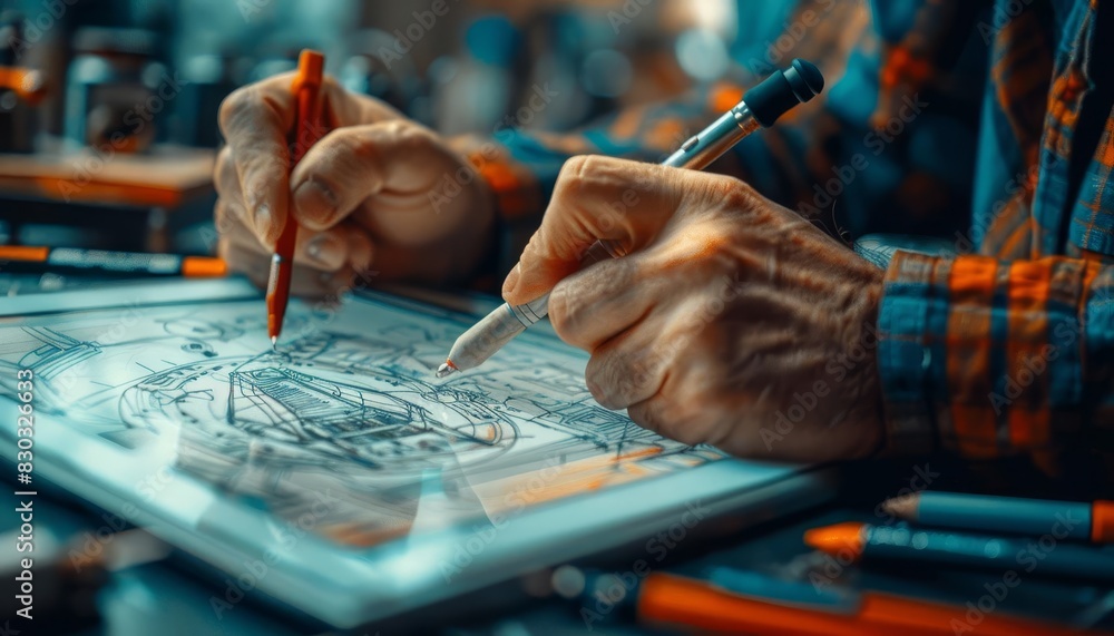 A closeup of a mechanical engineering designers hands sketching initial concepts before transitioning to 3D modeling software on a tablet A closeup of a mechanical engineering designers hands sketching initial concepts before transitioning to 3D modeling software on a tablet