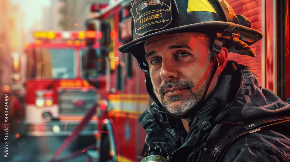 A portrait of a firefighter in gear, with a firetruck in the background 
