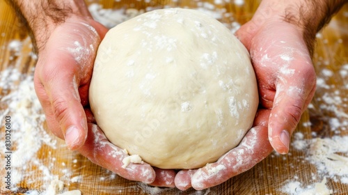 Baker's hands holding fresh dough on wooden surface photo