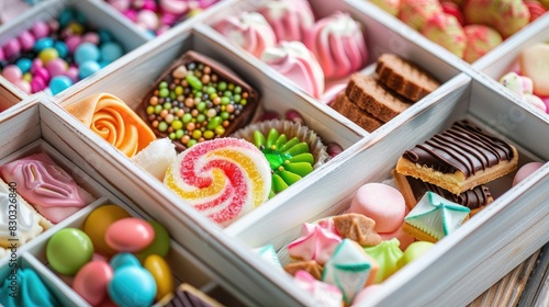 Close up of a white wooden box filled with a variety of colorful candies and cookies