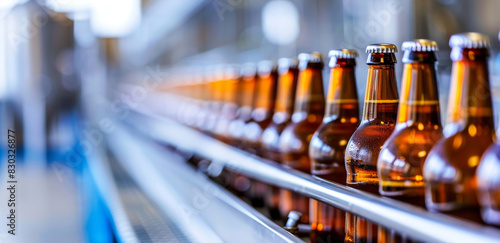 Bottling facility with beer bottles moving on conveyor belt
