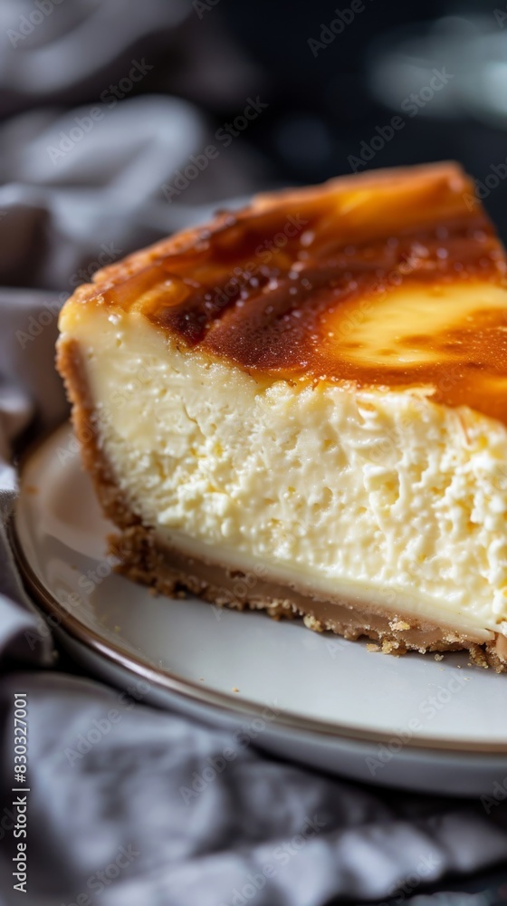 A new york cheesecake close up, food design, dynamic, dramatic compositions, with copy space. 