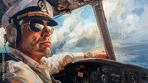 A portrait of a pilot in a cockpit, wearing aviator sunglasses and a captain's hat  photo