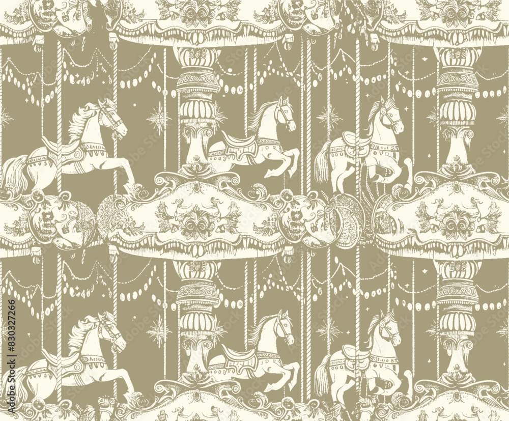 Obraz premium A seamless pattern featuring a vintage carousel with horses. The intricate, detailed design showcases classic merry-go-round horses in a sophisticated, nostalgic style. Perfect for textiles, wallpaper
