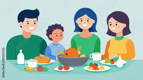 A family sits down for dinner passing around a variety of colorful dishes such as roasted sweet potatoes grilled chicken and a kale salad teaching their children the importance of. Vector illustration