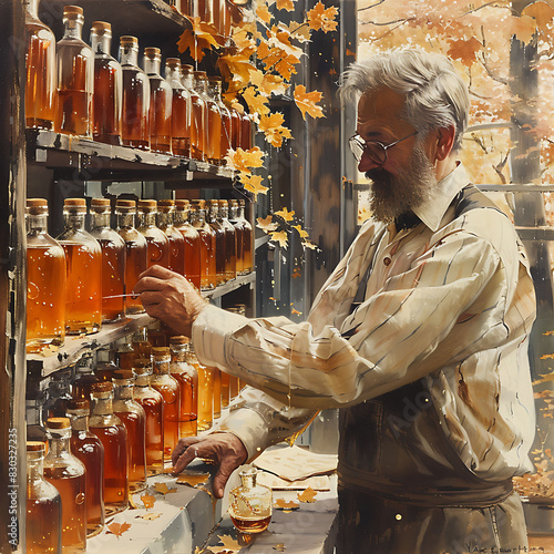 Illustration of Canadian chemist researching the chemistry of maple syrup focusing on the sucrose content and caramelization processes photo