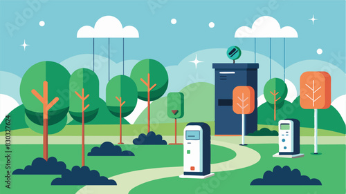 Hightech charging stations are tered throughout the park allowing the eVTOLs to recharge and continue their tasks without interruption.. Vector illustration