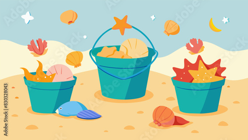 Buckets full of seashells are tered around the childrens creation each one handpicked and carefully p.. Vector illustration