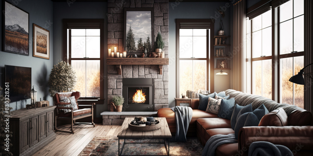 Warm and Inviting Family Room with Soft Textiles, Fireplace and Picture Windows Warm and Inviting Family Room with Soft Textiles, Fireplace and Picture Windows