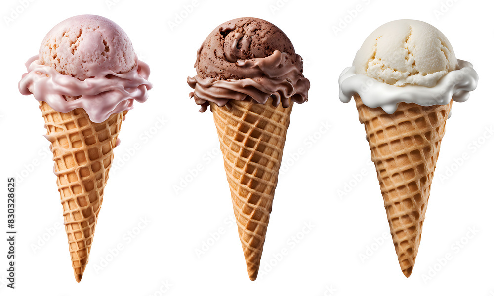 Conjunto de png’s de Soverte de baunilha, chocolate e moranga na casquinha. Grupo de Bolas de sorvete branco, marrom e rosa em cone de waffle isolado em um fundo transparente. Conjunto de png’s de Soverte de baunilha, chocolate e moranga na casquinha. Grupo de Bolas de sorvete branco, marrom e rosa em cone de waffle isolado em um fundo transparente.