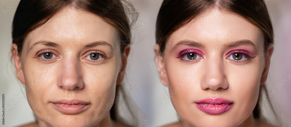 comparision make-up, woman with glamour make up, natural skin comparision make-up, woman with glamour make up, natural skin