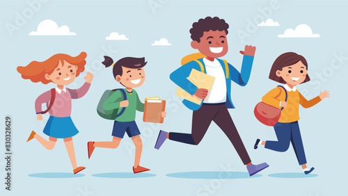 As the school day ends a group of students excitedly rushes to the afterschool homework help session eager to share their achievements and challenges with their dedicated teacher.. Vector illustration
