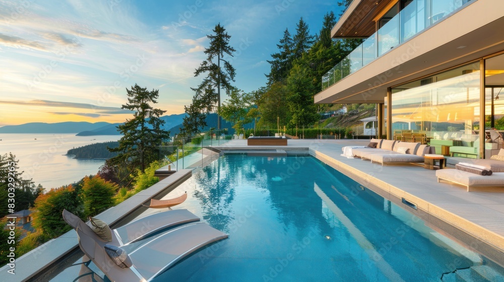 A large house with a pool and a view of the ocean