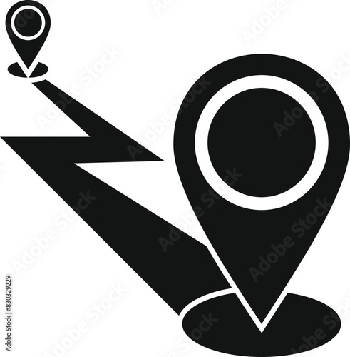 Black and white graphic showing two location pins connected by a zigzag line, representing a route on a map