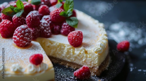A new york cheesecake close up, food design, dynamic, dramatic compositions, with copy space. 