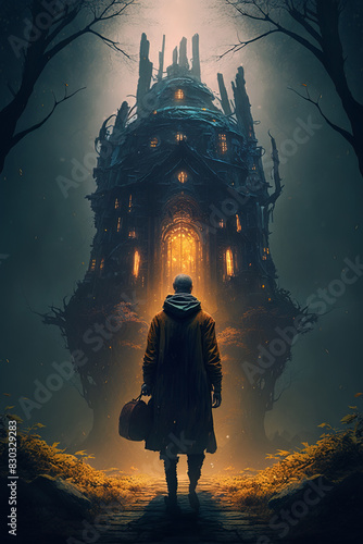 Enigmatic monk standing front of Haunted scarry Castle