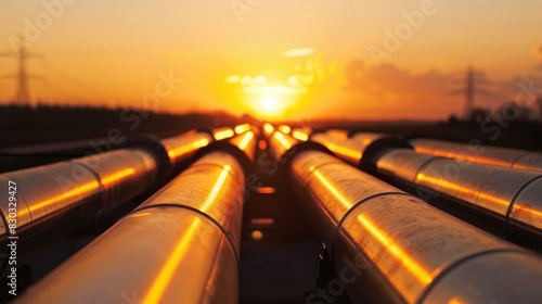 A long line of pipes are shown in the sun