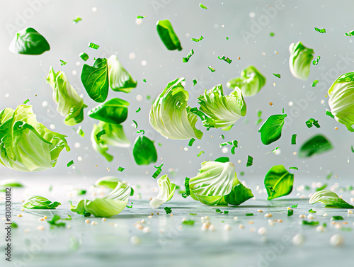 photography of BOK CHOY falling from the sky, hyperpop colour scheme. glossy, white background. Fresh Bok Choy vegetable isolated white background.Non-toxic clean vegetables