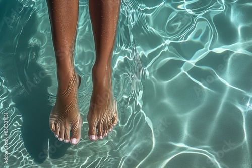 Slender female legs with a beautiful pedicure in clear water creates an atmosphere of relaxation and tranquility