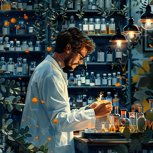 Illustration of Australian chemist conducting experiments in a laboratory surrounded by chemical apparatus and elements Focus on the educational aspect of chemistry research photo