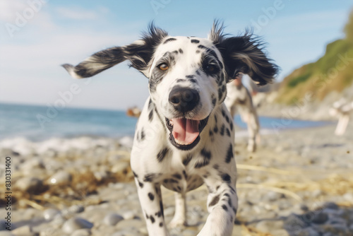Active healthy Dalmatian dog running with open mouth sticking out tongue on the sand on the background of beach in bright day photo