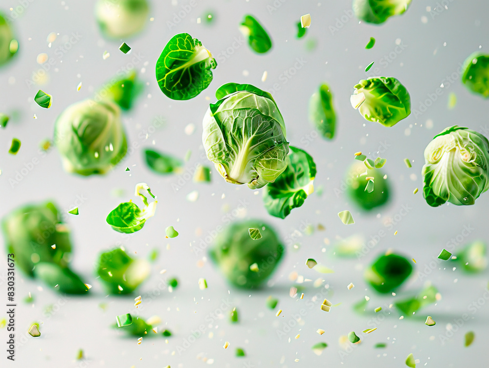 photography of BRUSSELS SPROUTS falling from the sky, hyperpop colour scheme. glossy, white background. Falling brussels sprouts isolated on white background photography of BRUSSELS SPROUTS falling from the sky, hyperpop colour scheme. glossy, white background. Falling brussels sprouts isolated on white background