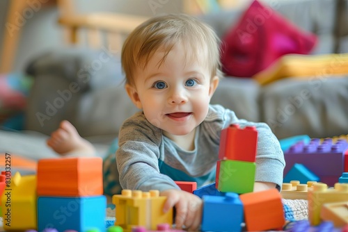 joyful little boy playing with colorful toy blocks happy childhood development concept