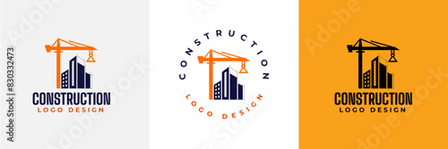 Construction logo design. Crane and Building logo for construction company.  Modern luxury building construction logo. Real Estate Vector Logo Design 