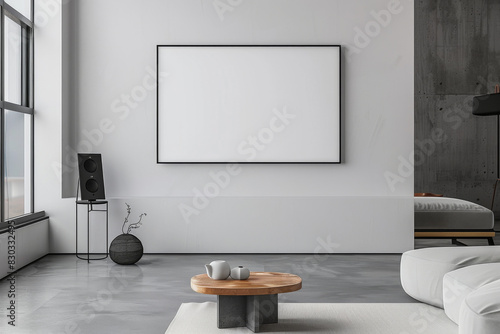 Modern Bright Living Room Mockup with Horizontal Blank Poster on Wall, Large Windows, Green Plants, and White Furniture - Fresh and Minimalist Interior Design with a 16:9 or 4:3 Aspect Ratio