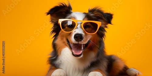 Happy Border Collie Puppy Wearing Birthday Glasses Smiling on Isolated Background. Concept Pet Photography, Puppy Portraits, Birthday Theme, Isolated Backgrounds, Adorable Expressions photo
