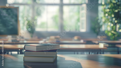 Sunlit Empty Classroom. Stack of books on a wooden table. Education, Learning Environment, Back to School Concept photo