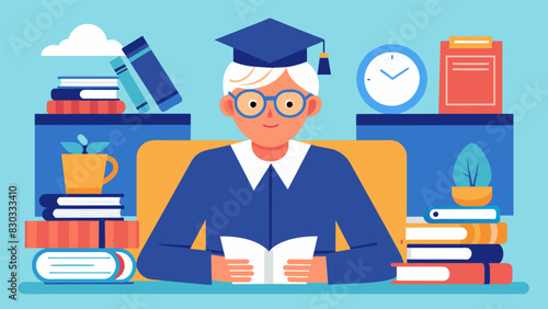 A senior sitting in the school library surrounded by textbooks and study guides diligently balancing graduation planning with studying for their final exams.. Vector illustration