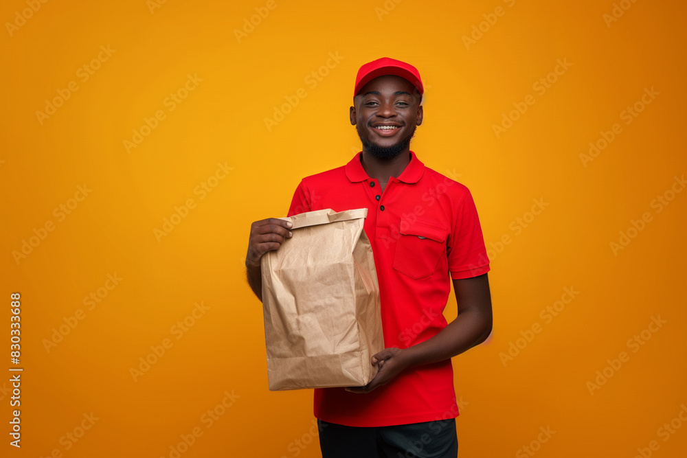 Smiling Delivery Man Holding Paper Bag Against Bright Yellow Background Smiling Delivery Man Holding Paper Bag Against Bright Yellow Background