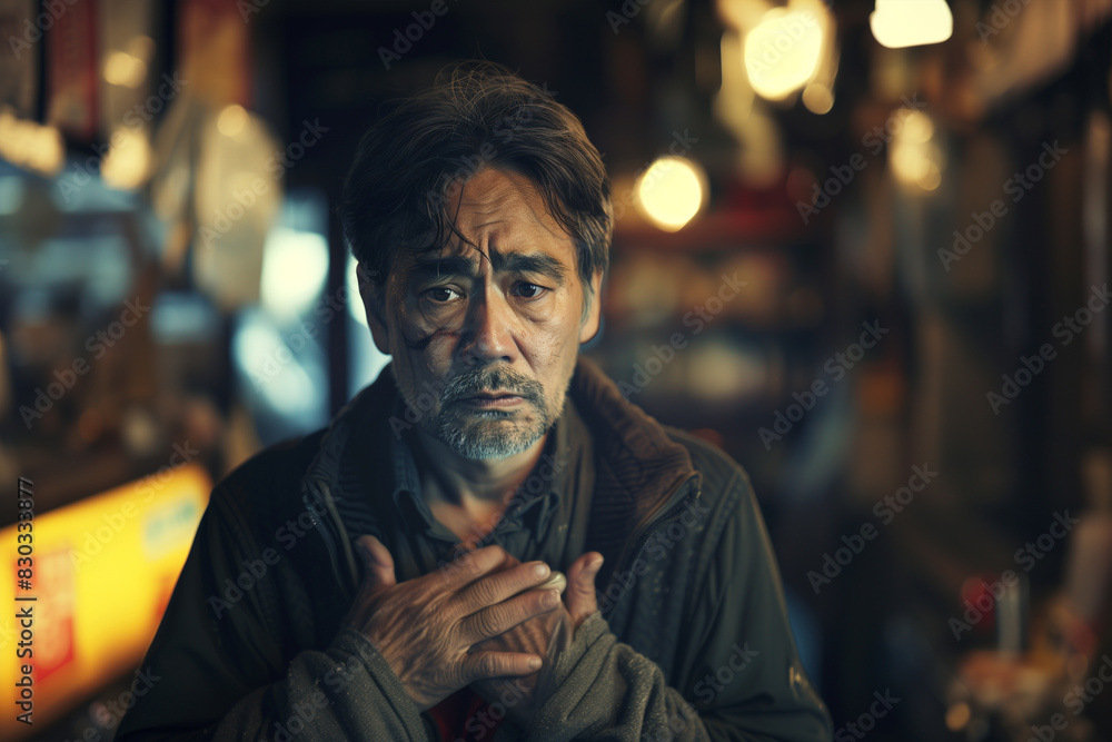 Elderly Man Standing in Dimly Lit Store Holding His Heart at Night Elderly Man Standing in Dimly Lit Store Holding His Heart at Night