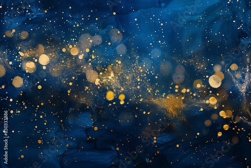 magical golden bokeh lights sparkling on deep blue background festive holiday season abstract watercolor painting photo