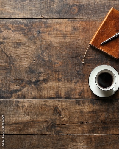Notebook and coffee on a rustic wooden table