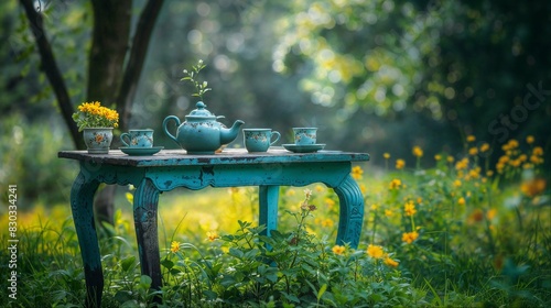 Vintage tea set on a rustic table in a garden