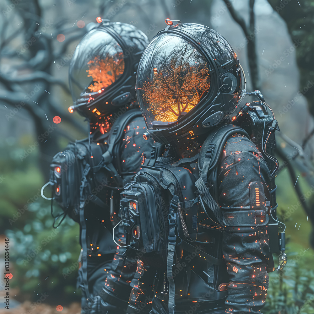 Fototapeta premium Two astronauts in space suits are standing next to a tree. The scene is set in a city at night, with a street lamp in the background. Scene is futuristic and mysterious