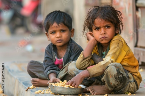 Children sitting on the curb eating and watching the street