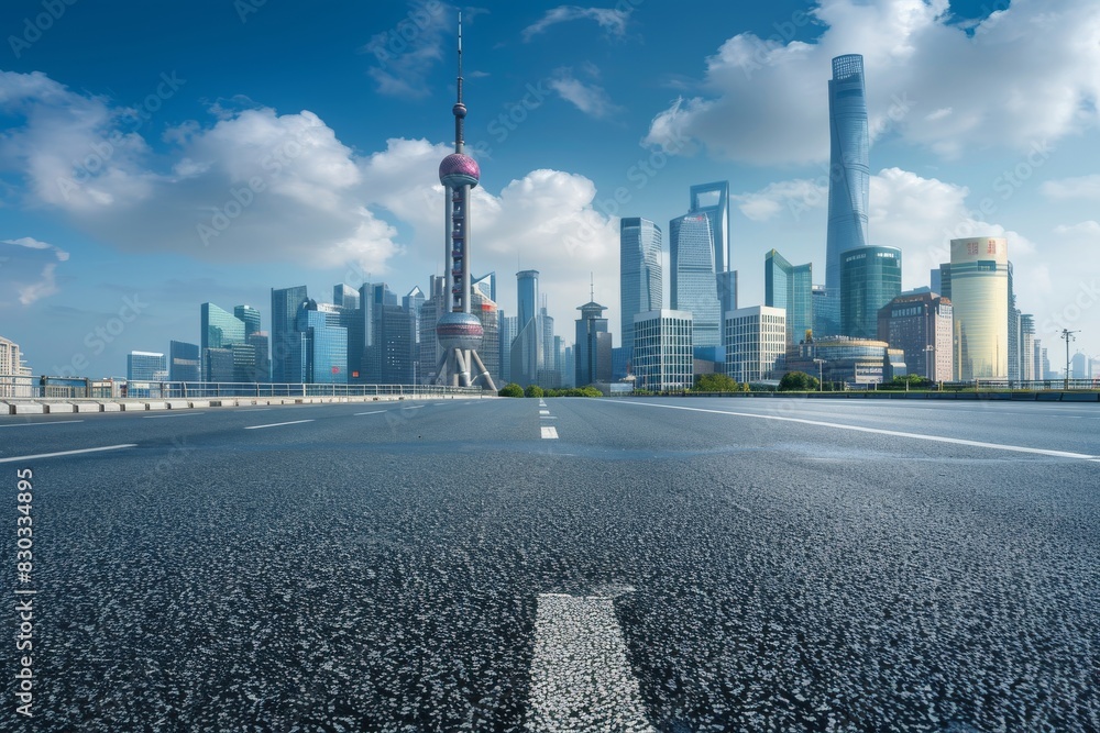 Asphalt road and urban skyline with modern buildings scenery Asphalt road and urban skyline with modern buildings scenery