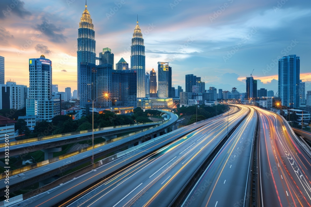 Obraz premium Low angle curvy flyover highway moving forward road with kuala lumpur cityscape evening scene view.