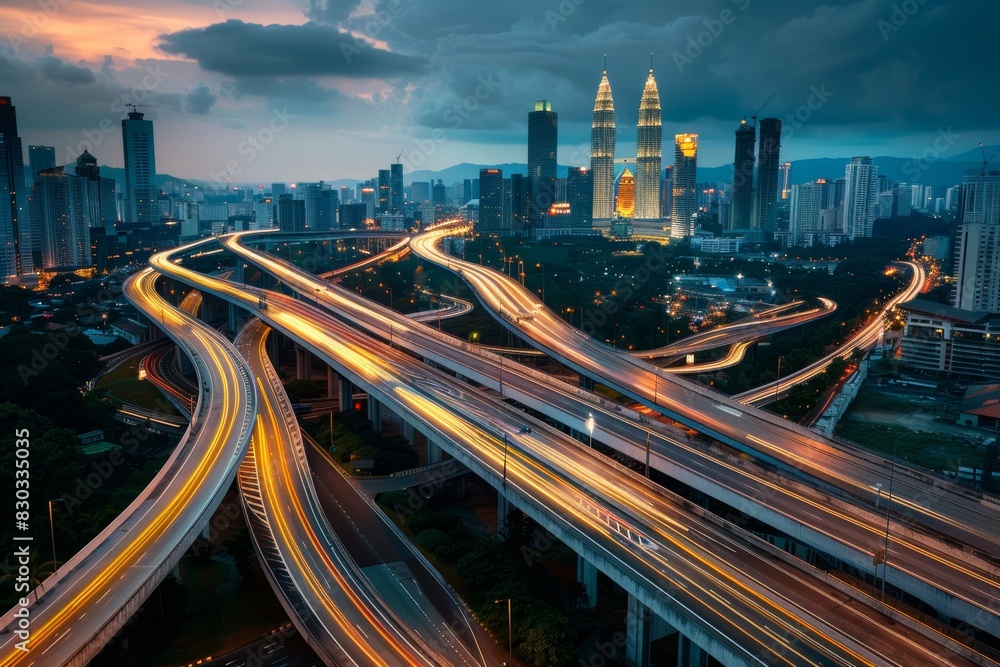 Fototapeta premium Low angle curvy flyover highway moving forward road with kuala lumpur cityscape evening scene view. 