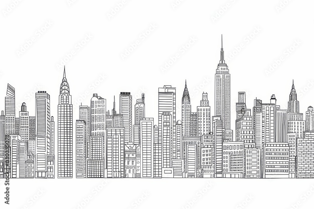 Naklejka premium Modern cityscape continuous one line vector drawing. Metropolis architecture panoramic landscape. New York skyscrapers hand drawn silhouette. Apartment buildings isolated minimalistic illustration 
