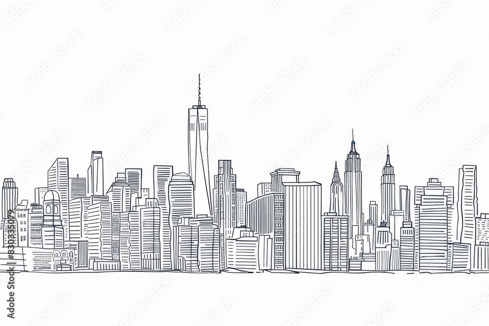 Modern cityscape continuous one line vector drawing. Metropolis architecture panoramic landscape. New York skyscrapers hand drawn silhouette. Apartment buildings isolated minimalistic illustration 